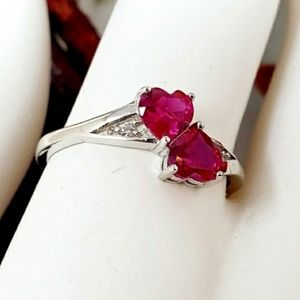 925 Sterling Silver Double Heart Dark Pink Topaz & CZ  Ring Size 7